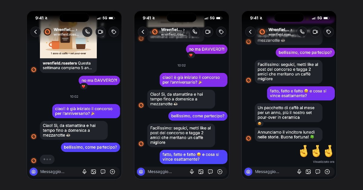 Tre fotogrammi di un video di chat in stile Instagram creato con FakeDM.app, in cui un marchio di caffè spiega a una follower come partecipare al concorso
