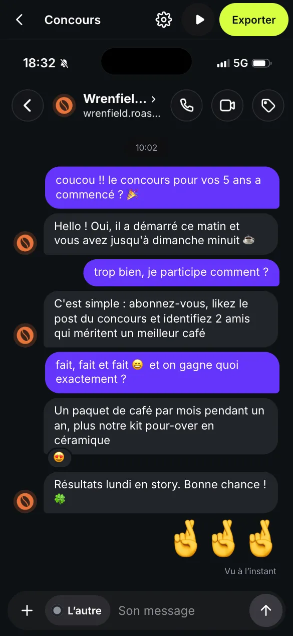 L’éditeur de fakedm.app avec le modèle Concours ouvert