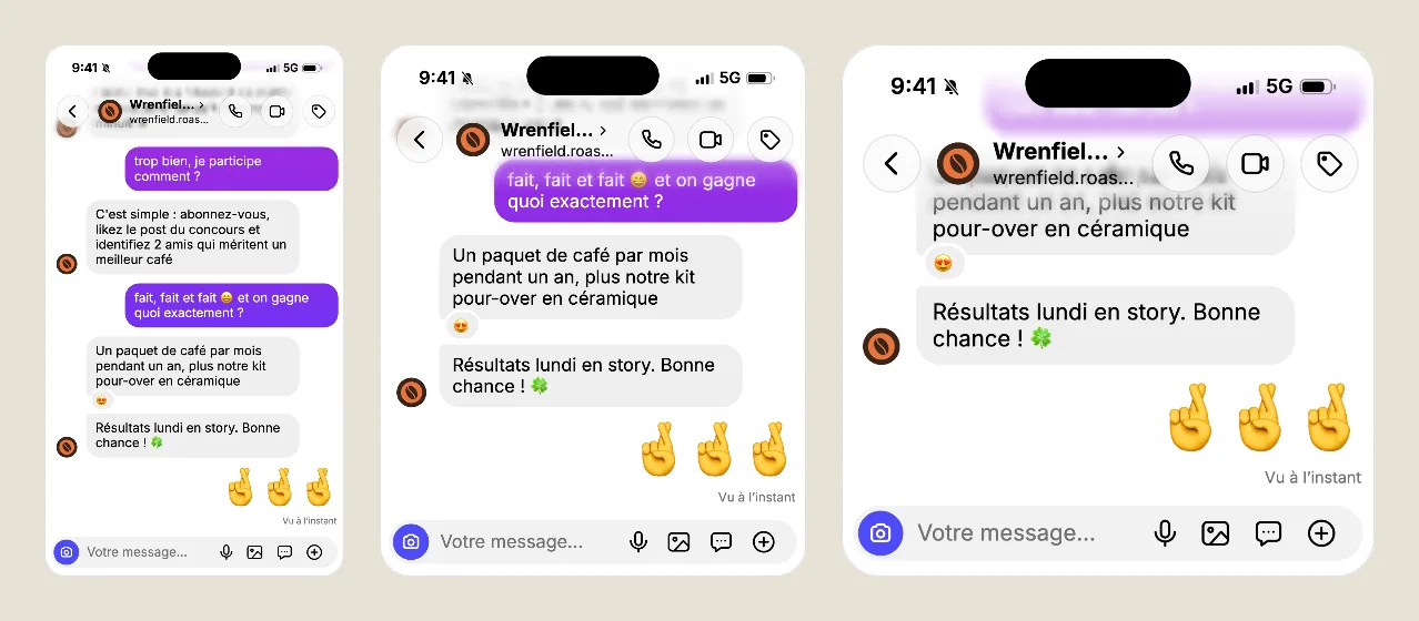 La même conversation en Story, en Publication et en Carré, avec le thème clair