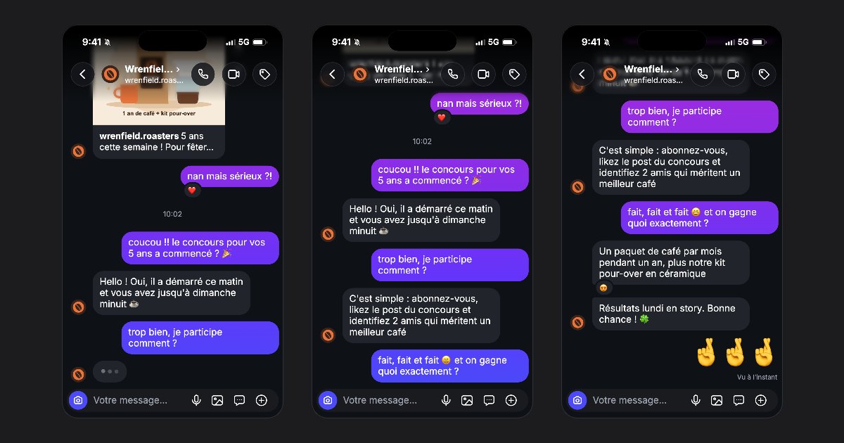 Trois images d’une vidéo de DM façon Instagram créée avec fakedm.app, où une marque de café explique à une abonnée comment participer à son concours