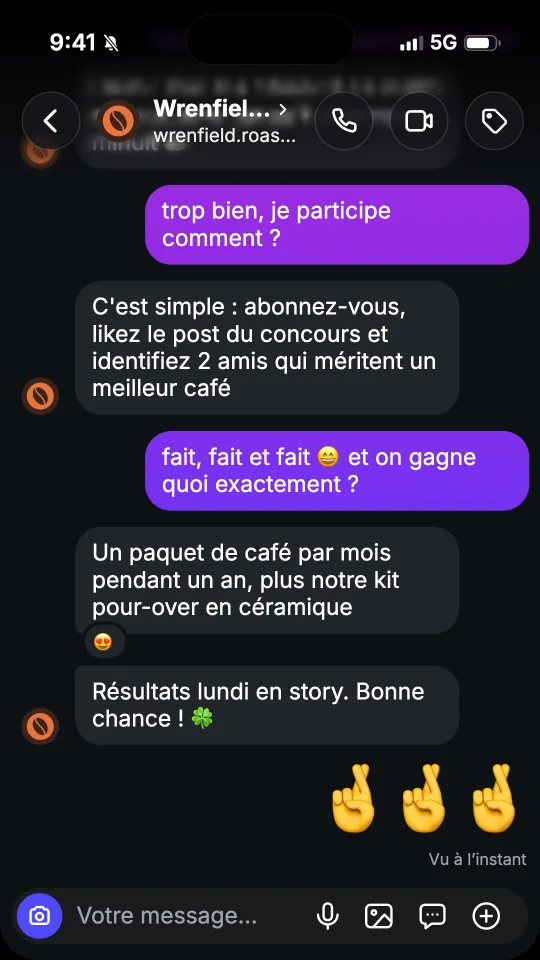 Un screenshot de la conversation du concours au format Story