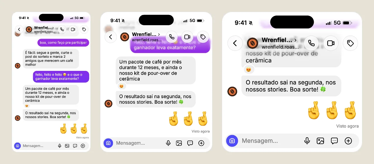 A mesma conversa nos formatos Story, Feed e Quadrado, com o tema claro