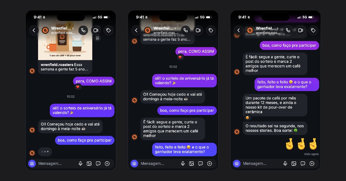 Três quadros de um vídeo de DM no estilo do Instagram feito com o fakedm.app, em que uma marca de café explica a uma seguidora como participar do sorteio