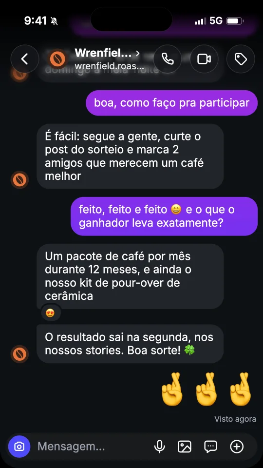 Um print da conversa do sorteio no formato Story