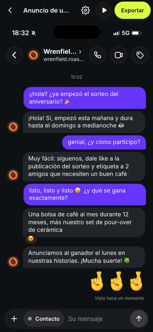 El editor de fakedm.app con la plantilla Anuncio de un sorteo abierta