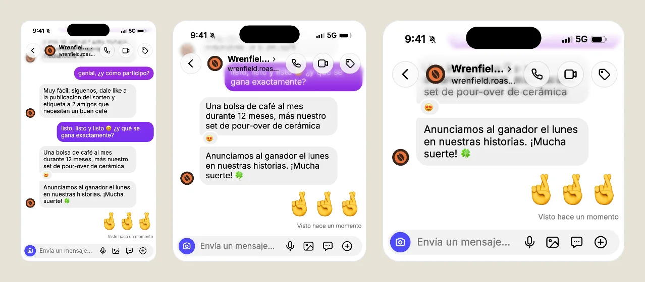 El mismo chat en formato Historia, Publicación y Cuadrado, con el tema claro