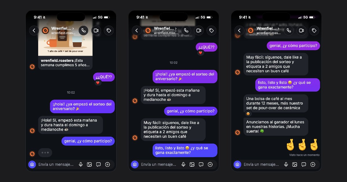 Tres fotogramas de un video de DM estilo Instagram hecho con fakedm.app, donde una marca de café le explica a una seguidora cómo participar en su sorteo