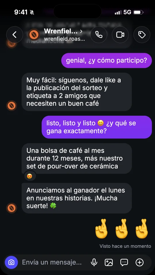 Una captura de pantalla del chat del sorteo en formato Historia