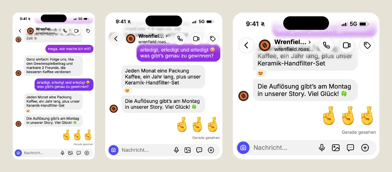 Derselbe Chat in den Formaten Story, Beitrag und Quadrat im hellen Design