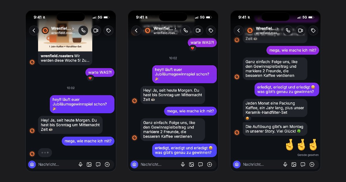 Drei Bilder eines Instagram-Chat-Videos aus FakeDM.app, in dem eine Kaffeemarke einer Followerin die Teilnahme an ihrem Gewinnspiel erklärt