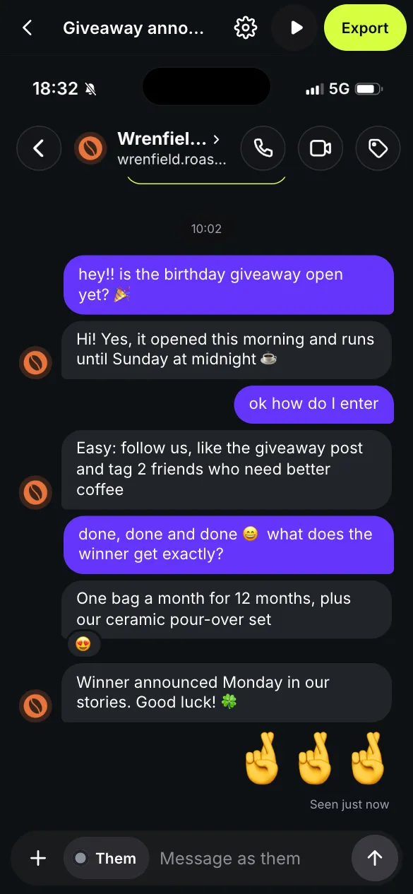 The fakedm.app editor with the Giveaway announcement template open