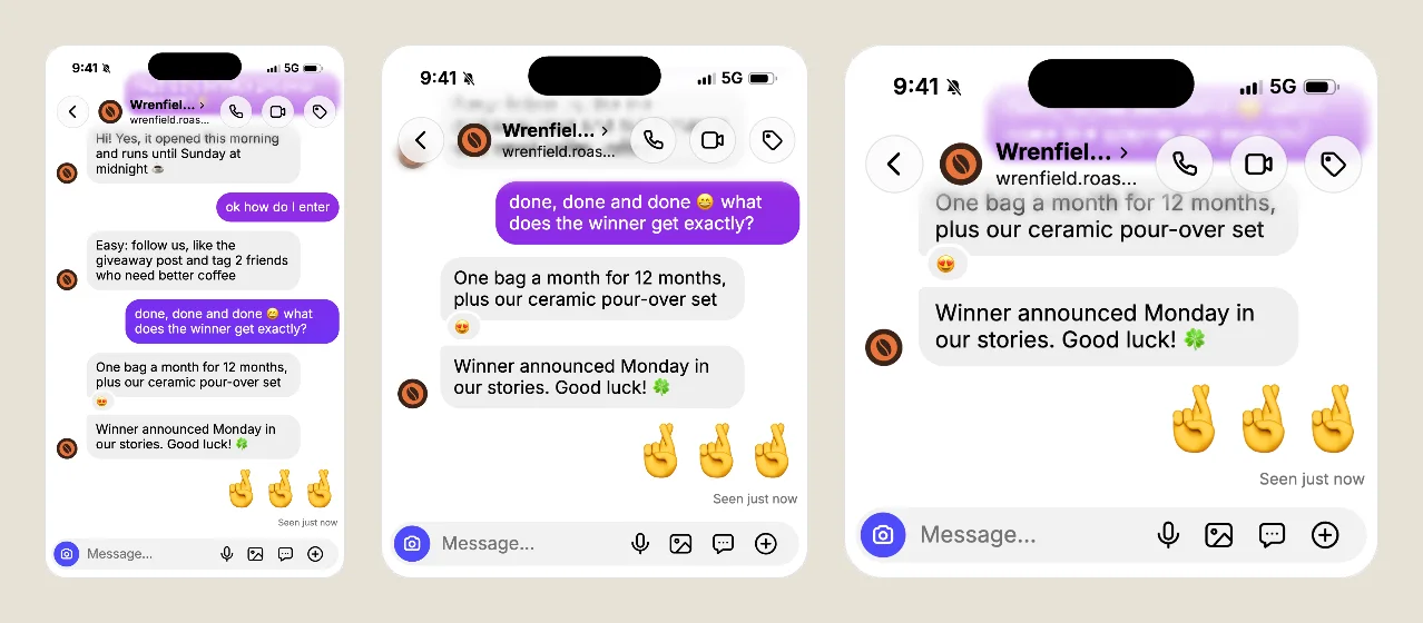 The same chat as a Story, a Feed post and a Square, in the light theme