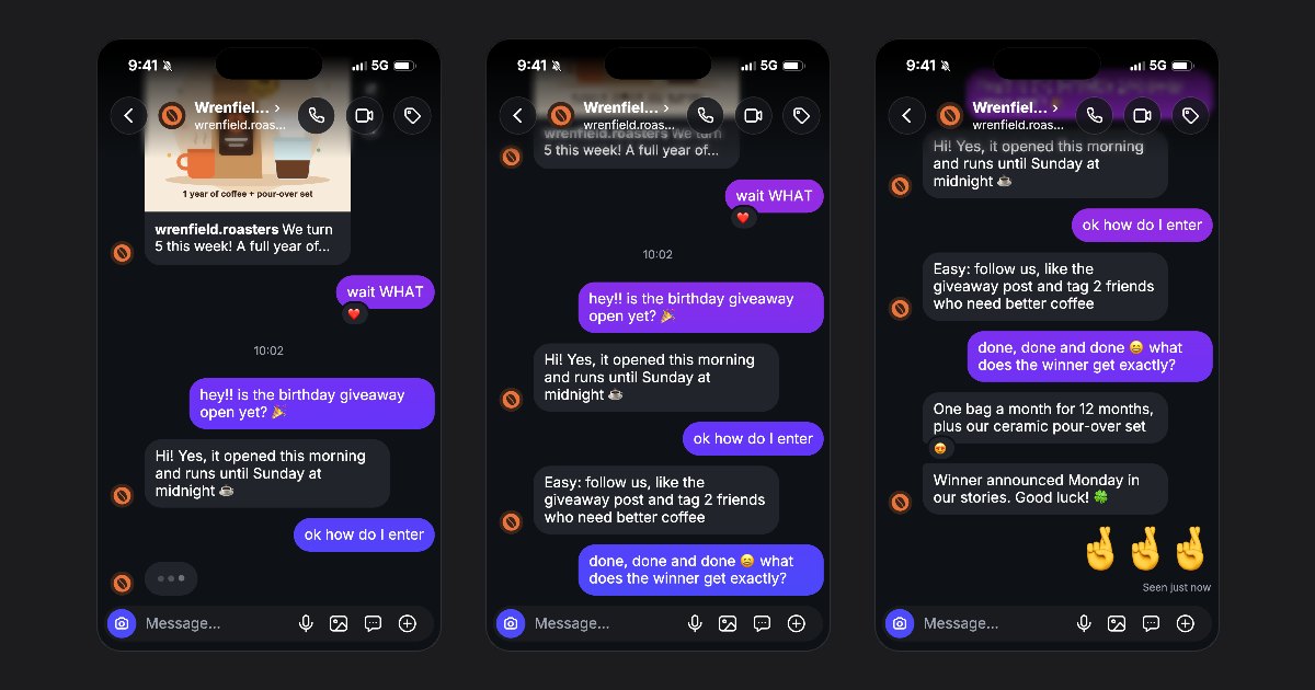 Three frames of an Instagram-style DM video made with fakedm.app, where a coffee brand tells a follower how to enter its giveaway