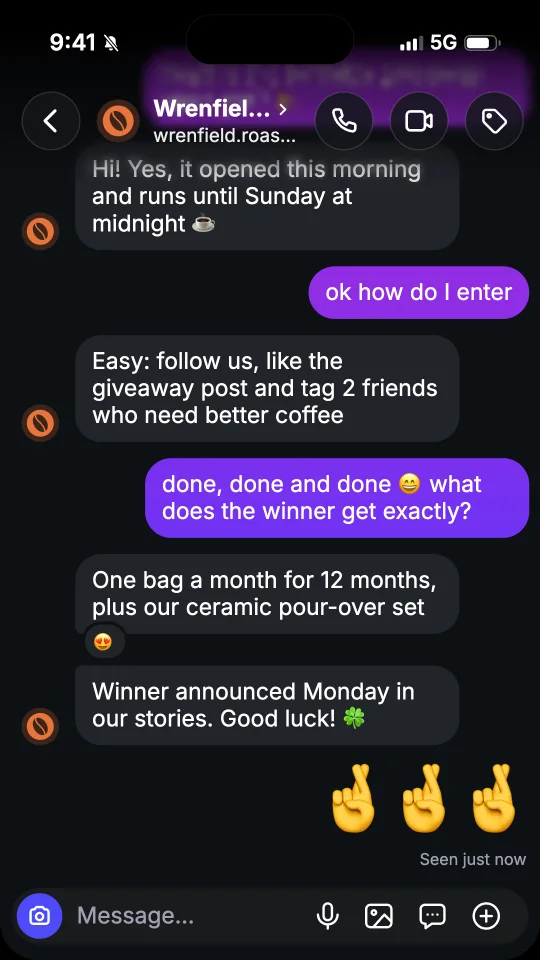 A screenshot of the giveaway chat in the Story format