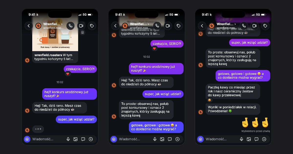 Trzy klatki filmu z rozmową w stylu Instagrama utworzonego w FakeDM.app, w którym marka kawy wyjaśnia obserwującej zasady udziału w konkursie